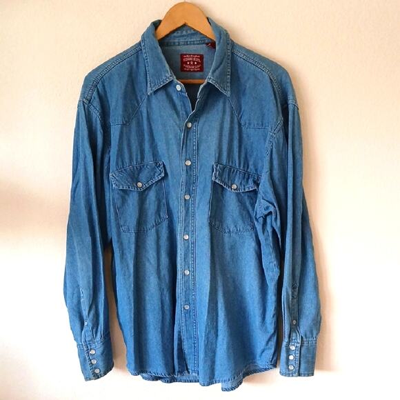 Outback Rider Denim Western Pearl Snap Button Up Shirt - Picture 1 of 4